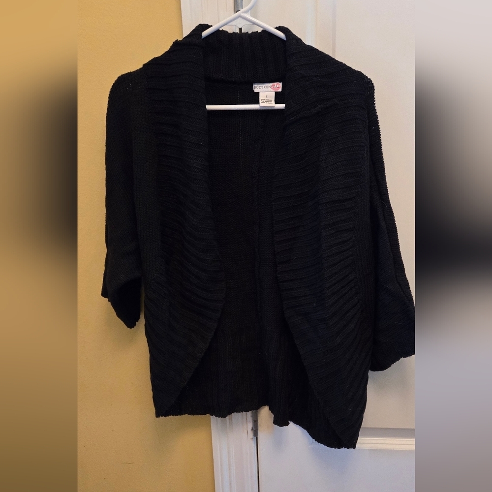 Body Central Womens Black Open Front 3/4 Sleeve Bubble Cardigan
